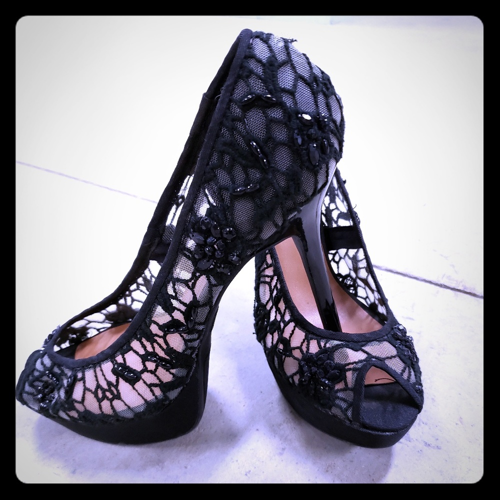 Mix No. 6 Black Lace Sheer Platform Heels